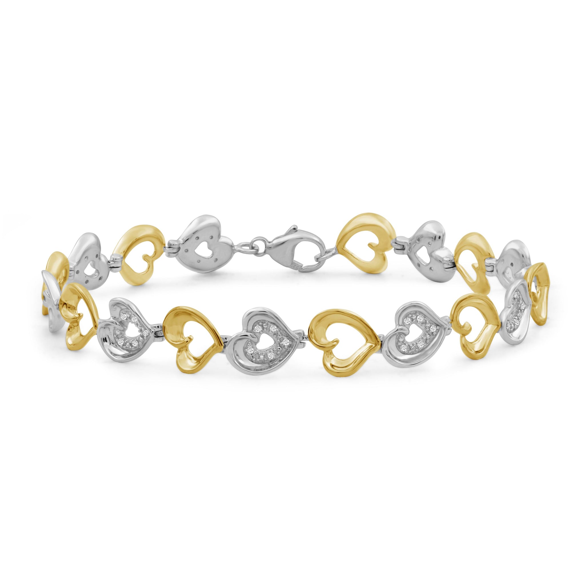 JewelonFire 1/10 Carat T.W. White Diamond Two Tone Silver Heart Bracelet