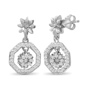 JewelonFire 1/7 Carat T.W. White Diamond Sterling Silver Flower Octagon Earrings - Assorted Colors