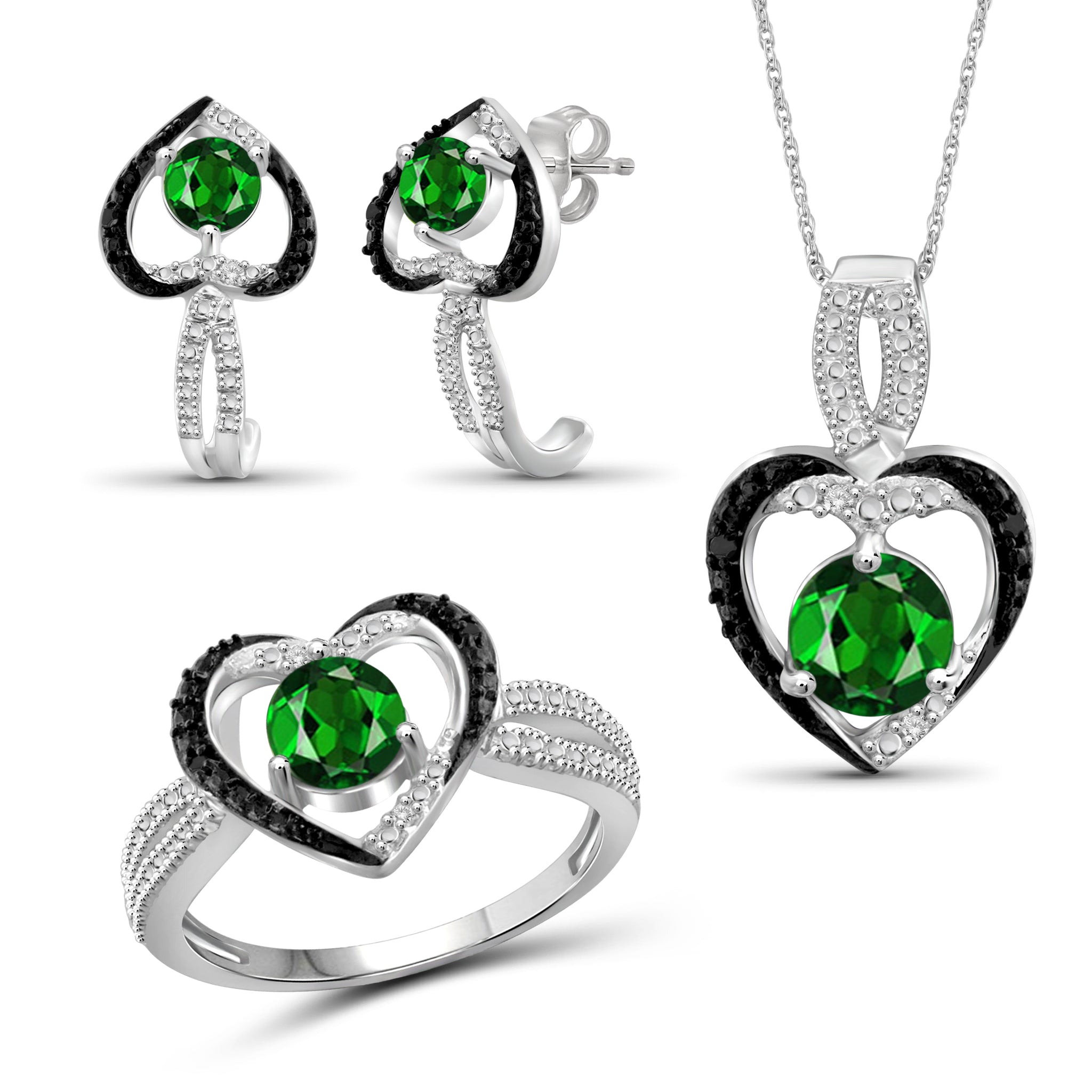 JewelonFire 2.10 Carat T.G.W. Chrome Diopside And 1/20 Carat T.W. Black & White Diamond Sterling Silver 3 Piece Jewelry Set - Assorted Colors