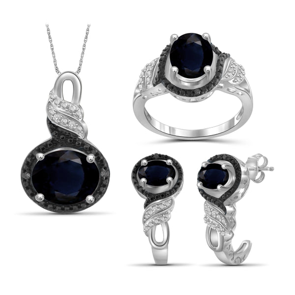 JewelonFire 5.20 Carat T.G.W. Sapphire And 1/20 Carat T.W. Black & White Diamond Sterling Silver 3 Piece Jewelry Set - Assorted Colors