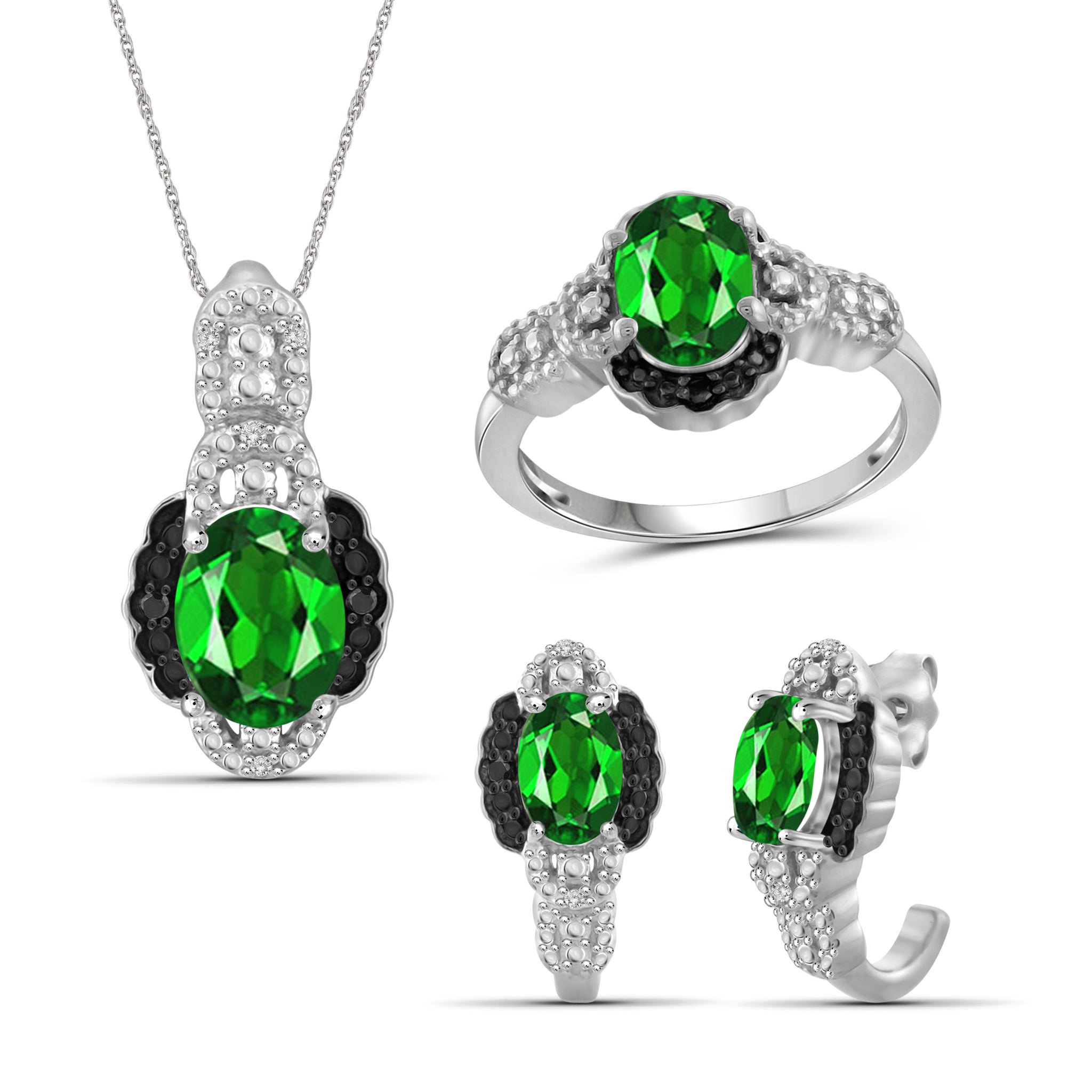 JewelonFire 3.50 Carat T.G.W. Chrome Diopside And 1/10 Carat T.W. Black & White Diamond Sterling Silver 3 Piece Jewelry Set - Assorted Colors