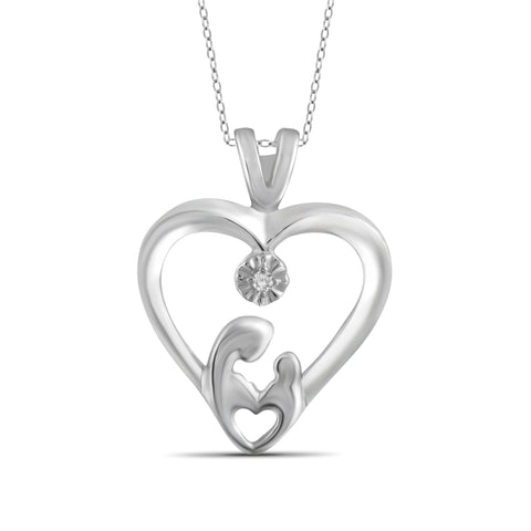 JewelonFire White Diamond Accent Sterling Silver Mother and Child Heart Pendant - Assorted Colors