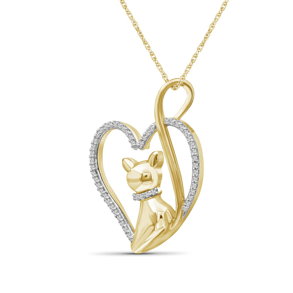 JewelonFire 1/7 Ctw White Diamond 14K Gold over Silver Cat Heart Pendant