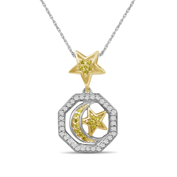 JewelonFire 1/7 Carat T.W. Yellow And White Diamond Two Tone Silver Star & Moon Octagon Pendant