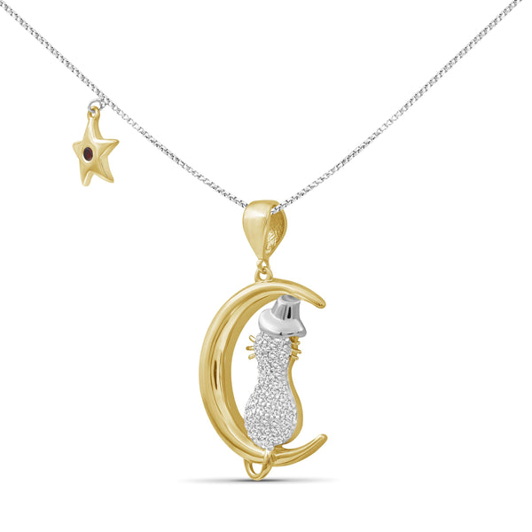 JewelonFire 1/5 Ctw White Diamond Two-Tone Sterling Silver Cat Moon Pendant