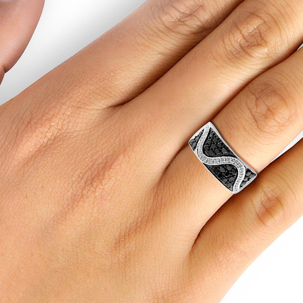 JewelonFire 1 Carat T.W. Black And White Diamond Sterling Silver Cocktail Ring